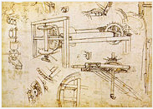 Dibujo del gran cabrestante reversible a tierra. Leonardo da Vinci, Cabrestante a tres velocidades de Brunelleschi