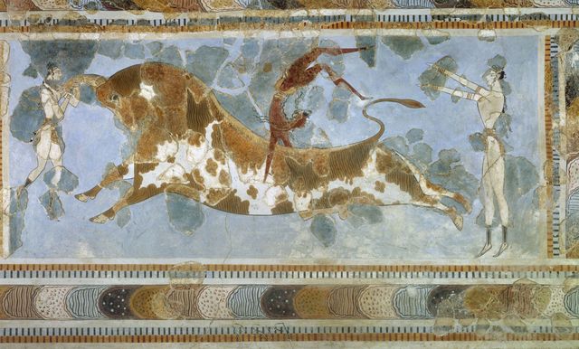 Bull-Leaping Fresco from the palace at Knossos : Ancient Greek (1450 - 1400 BCE)