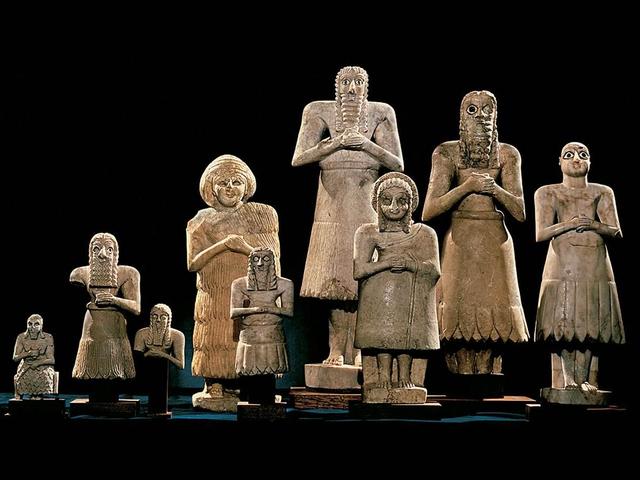 Votive Statues. c. 2900-2600 BCE. Era: Ancient Mesopotamia. Medium: Limestone, Alabaster, Gypsum. Size: varied, largest size is 76.3 cm