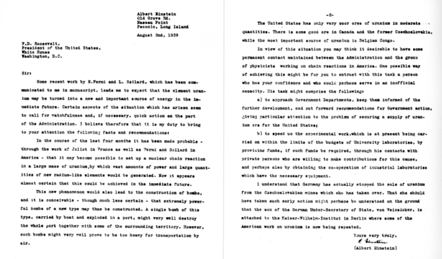 Writes letter to FDR proposing the atomic bomb