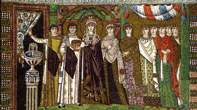 Empress Theodora and her Attendants. c. 547 CE.Era: Byzantine Medium: Mosaic  Size: 2.64 x 3.65 m