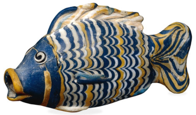 Name: Glass bottle in the form of a fish Period: Ancient Egypt  Date: c. 1390-1336 B.C.E.