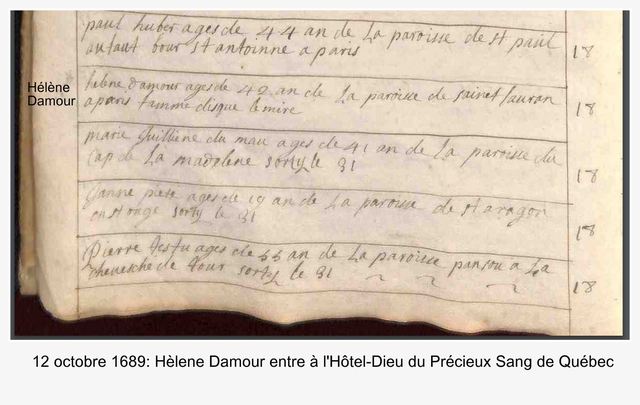 Entrée à l'Hôtel-Dieu de Québec de Hélène Damour
