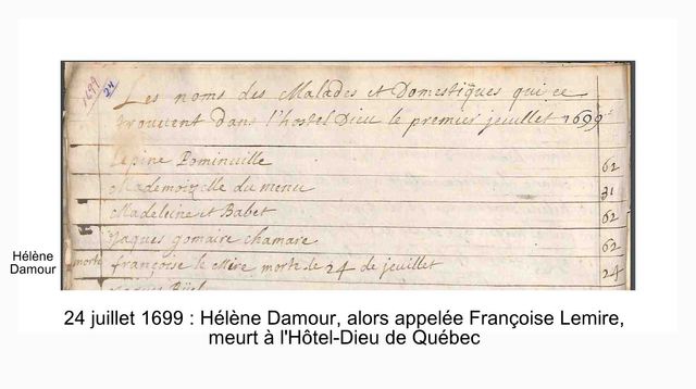 Décès de Hélène Damour à l'Hôtel-Dieu de Québec