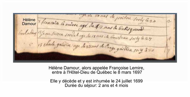 Entrée de Hélène Damour à l'Hôtel-Dieu de Québec