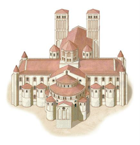 Reconstruction drawing of the Cathedral of St. James; Santiago de Compostela, Galicia, Spain. 1078–1122,