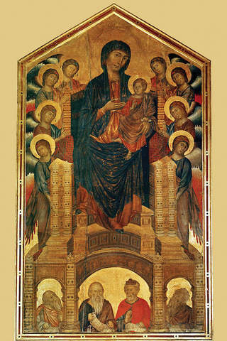 Virgina and child enthroned. c. 1280 CE. Era: Gothic. Medium: Tempra and gold on wood. Size: 3.53 x 2.2 m