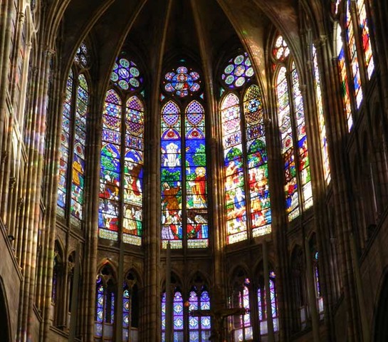 Stained glass in the apse of Saint-Denis. c. 1140-1144 CE. Era: Gothic. Medium: Glass. Size: varies