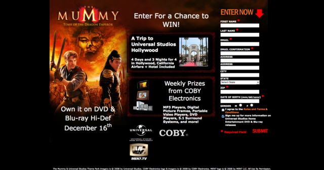 <a href="http://dreamsuccessmanagement.com/blog/2008/coby-electronics-mummy-tomb-of-the-emporer-dragon-sweepstakes/" rel="ugc nofollow">Lead Interactive Producer for Coby Electronics /Universal Studios Sweepstakes</a>
