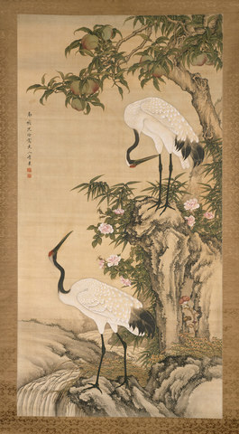 Cranes, Peach Tree, and Chinese Roses