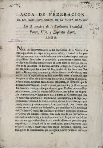 ACTA DE FEDERACIÓN DE LAS PROVINCIAS DE LA NUEVA GRANADA
