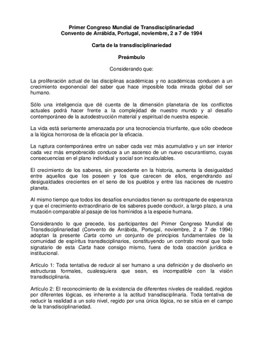 Convento de Arrábida - Carta de la Transdiciplinariedad