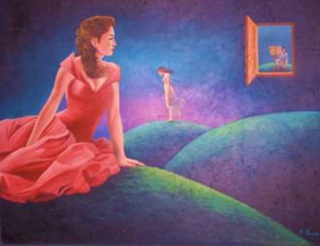 Castel presenta su cuadro llamado Maternidad, en una exposición de arte.