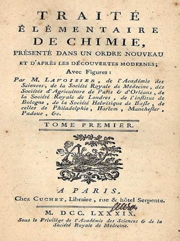 Lavoisiere publica “Tratado elemental de Química” primer texto de química reconocido.