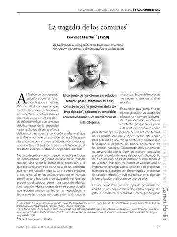 Garret Hardin " La tragedia de los comunes "