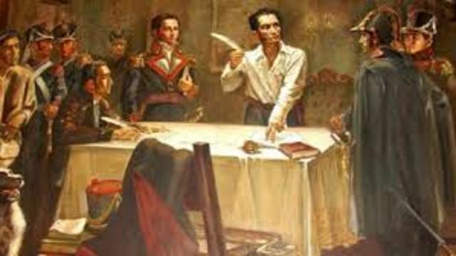 Simón Bolívar da un discurso en la apertura del Congreso de Angostura, donde proclamó la República de Colombia integrada por Venezuela y la Nueva Granada.