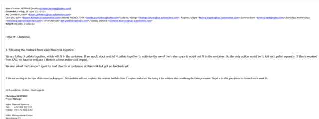 Feedback de Valeo Rakovnik a SAS Alemania