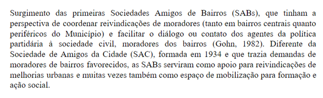 Surgimento das primeiras Sociedades Amigos de Bairros (SABs)