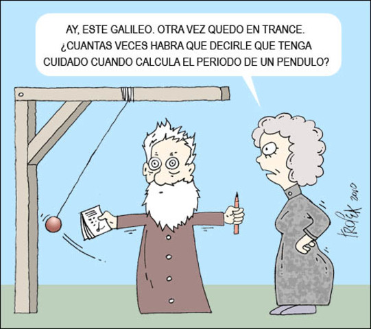 Galileo comprueba el periodo de osilacion de el pendulo