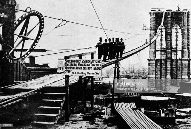 Construction on the Brooklyn Bridge begins.