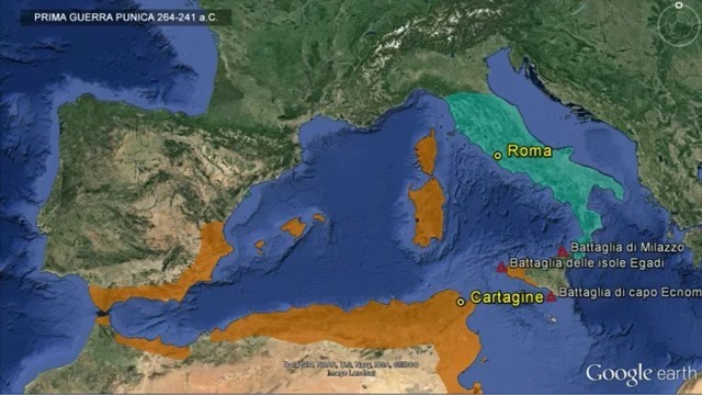 L'espansionismo romano fini  per scontrarsi con Cartagine . La città di origine fenicia che da tempo aveva avviato la conquista della Sicilia e della Sardegna.La prima guerra punica fu combattuta soprattutto per mare dal 264 al 241