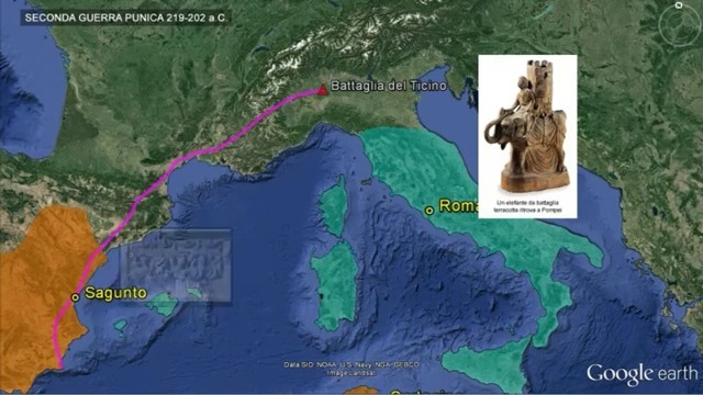 218 a.c.  Spagna:Annibale con un esercito di 60 mila uomini e rafforzato dalla presenza di una quarantina di elefanti da guerra si diresse verso l'Italia. Varcate le Alpi  giunse nella pianura padana dove molti elefanti morirono a causa del clima umido