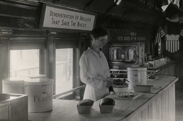 Save the Wheat! Help the Fleet!  As part of the war effort, home economists teach the nation food conservation in the home. They taught about food substitution and preservation. The goal was to properly provision the Allied armies.