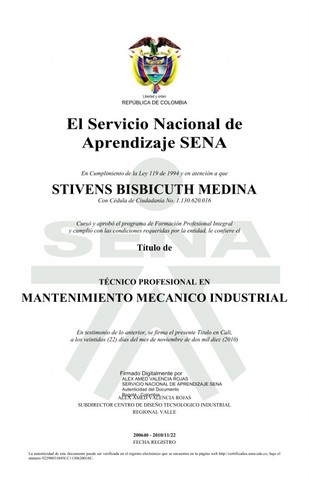 Graduación Técnico Profesional Mantenimiento Mecánico Industrial. (SENA)