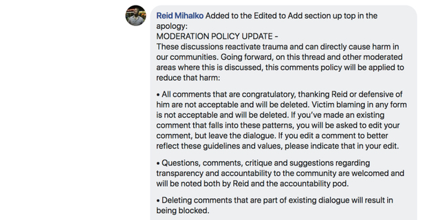 Moderation Policy for Apology Thread Created