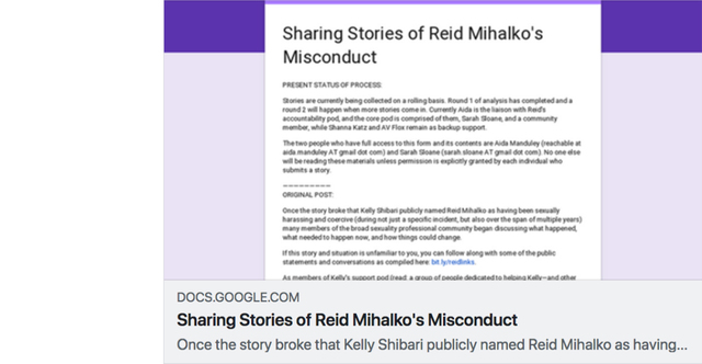 Soft Deadline for Submitting Anonymous Reporting to “Sharing Stories of Reid Mihalko’s Misconduct” Form