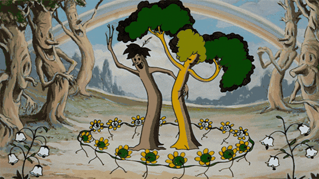 First full-color cartoon: "Flowers and trees"