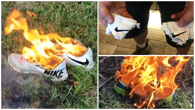 People burning their NIKE shoes & clothes