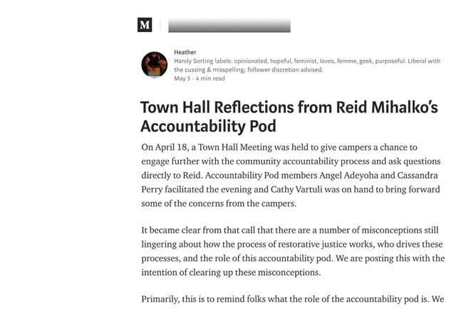 Reid's Pod Publishes Their 2nd Update - "Town Hall Reflections from Reid Mihalko’s Accountability Pod"