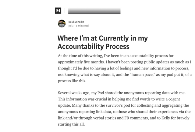Reid Publishes 4th Update - "Where I’m at Currently in my Accountability Process" published on Medium.com.