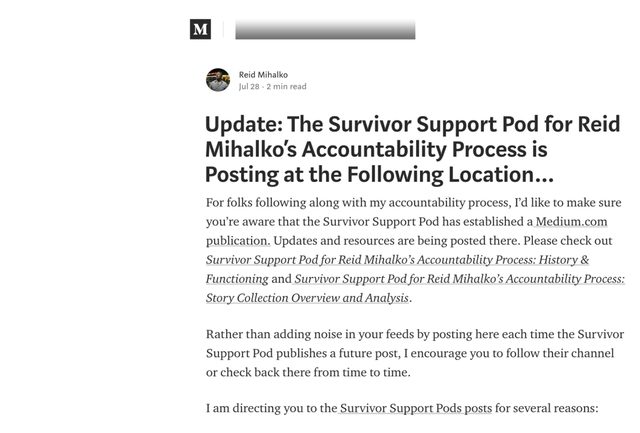 Reid Promotes Survivor Support Pod's Blog in 5th Update