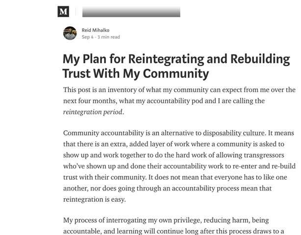 Reid Publishes 7th Update - "My Plan for Reintegrating and Rebuilding Trust With My Community"