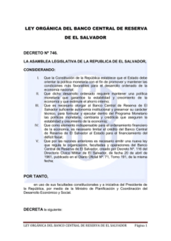 1991 Ley Orgánica del Banco Central de Reserva de El Salvador