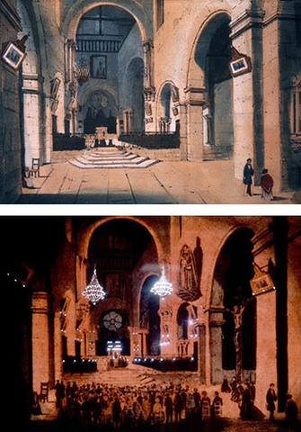 Louis Jacques Mandé Daguerre : Diorama: Quadres gegants amb parts translúcides més jocs d’il·luminació: “pel·lícules d’un sol pla”