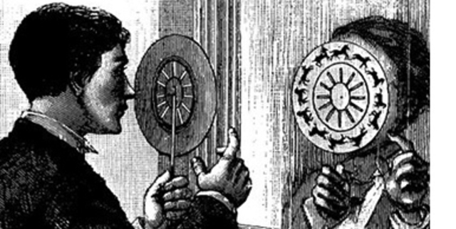 Plateau: Fenaquistoscopi: És un disc giratori sobre un eix horitzontal amb dotze figures dibuixades representant fases successives d’una acció. Entre cada dos imatges hi ha una escletxa que quan hi mires, davant d'un mirall hi ha sensació de moviment.