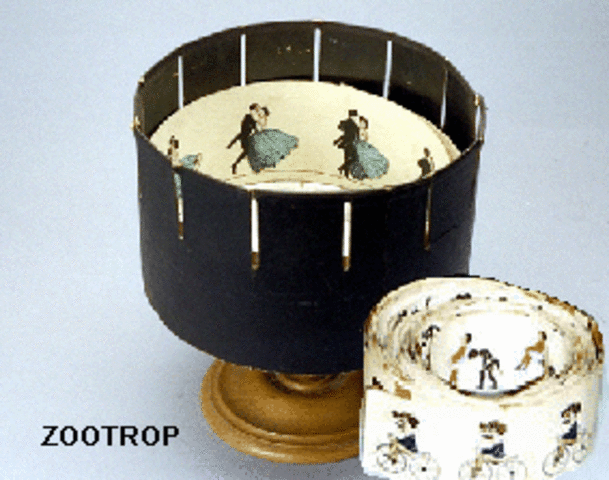 W.G.Horner: Zoòtrop: Cilindre pintat de negre per fora i amb unes escletxes a la perifèria. Els dibuixos estan a l’interior del cilindre i són substituïbles. No cal mirall.