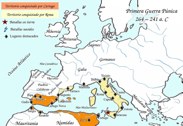 Primera guerra púnica entre Cartagineses y romanos
