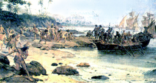 Llegada de Colón a la isla de "Deseada"