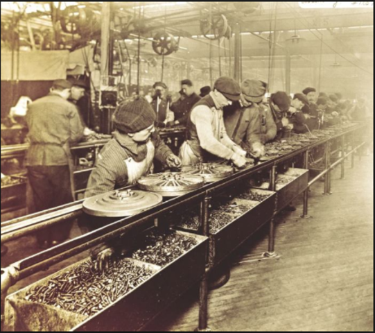 INICIOS DE LA PRODUCCIÓN EN SERIE " (SEGUNDA ETAPA)Creado por Ransom Olds, pero gracias a Henry Ford es llevado a la práctica. Aumentar la productividad y quitar el control al obrero sobre los tiempos.