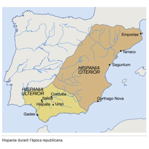 Primera división de Hispania en dos provincias: Citerior y Ulterior.