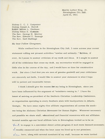 Martin Luther King Jr. pens "Letter from Birmingham Jail"