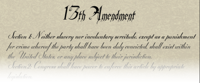 The 13th Amendment to the United States Constitution abolished slavery.