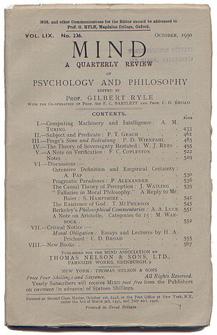 Alan publishes 'Computing Machinery and Intelligence