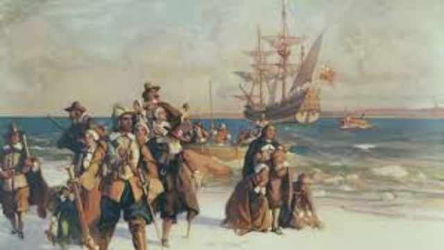 The Mayflower lands at Plymouth Rock, Massachussetts