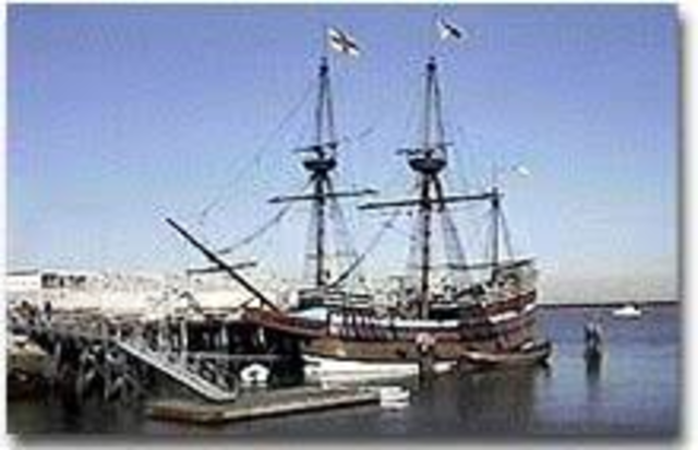 The Mayflower lands at Plymouth Rock, Massachusetts