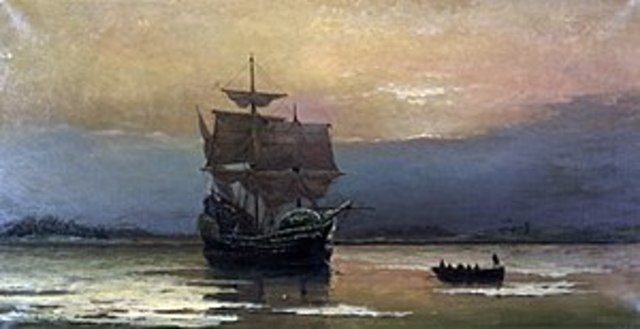 The Mayflower lands at Plymouth Rock, Massachusetts.